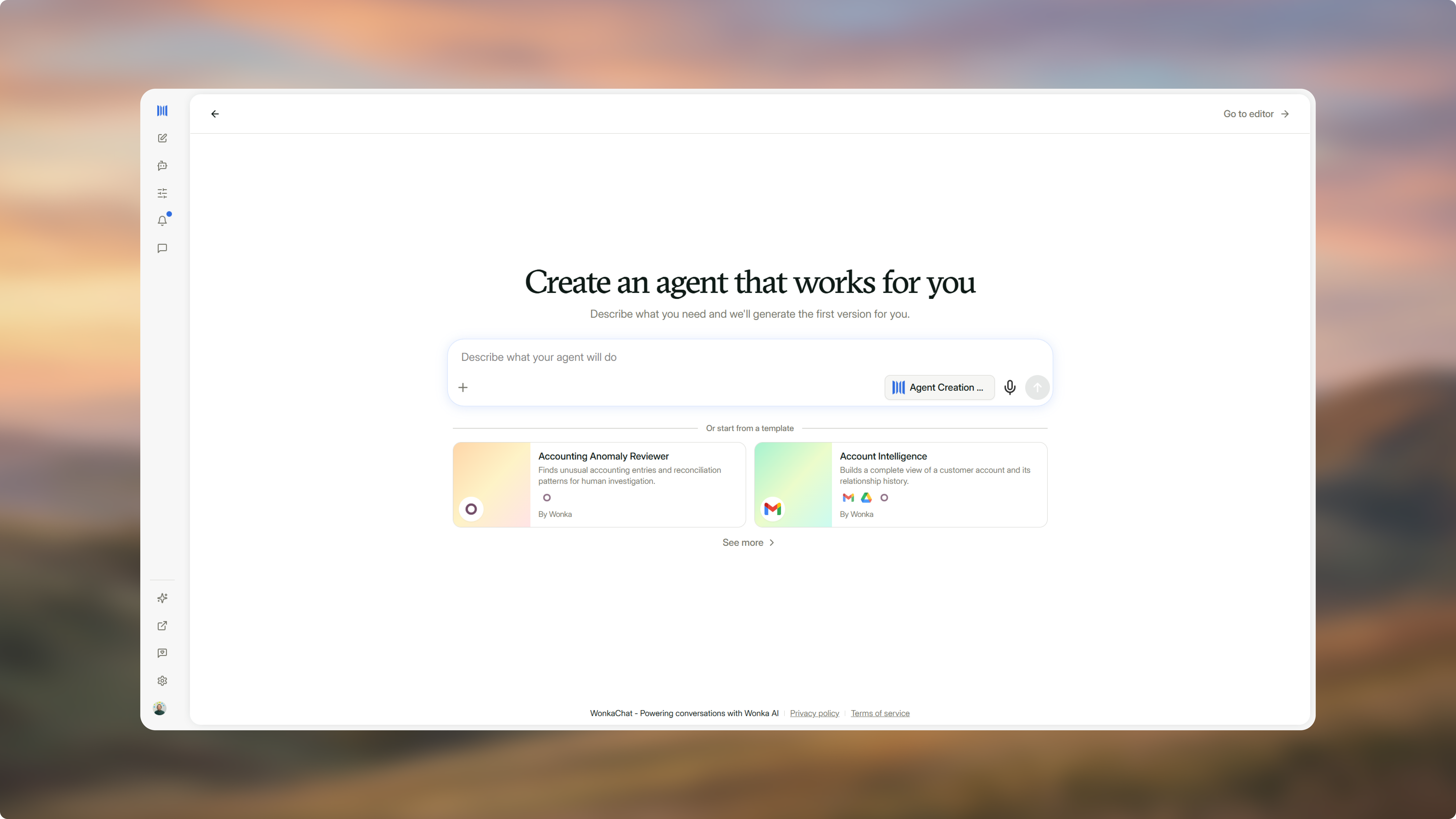 Création d'agent dans Wonka Workspace